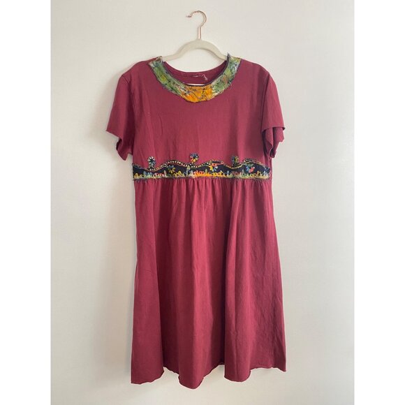 Handmade Burgundy T-Shirt Dress With Embroidered Detail Boho Style Best for M/L - Picture 1 of 5